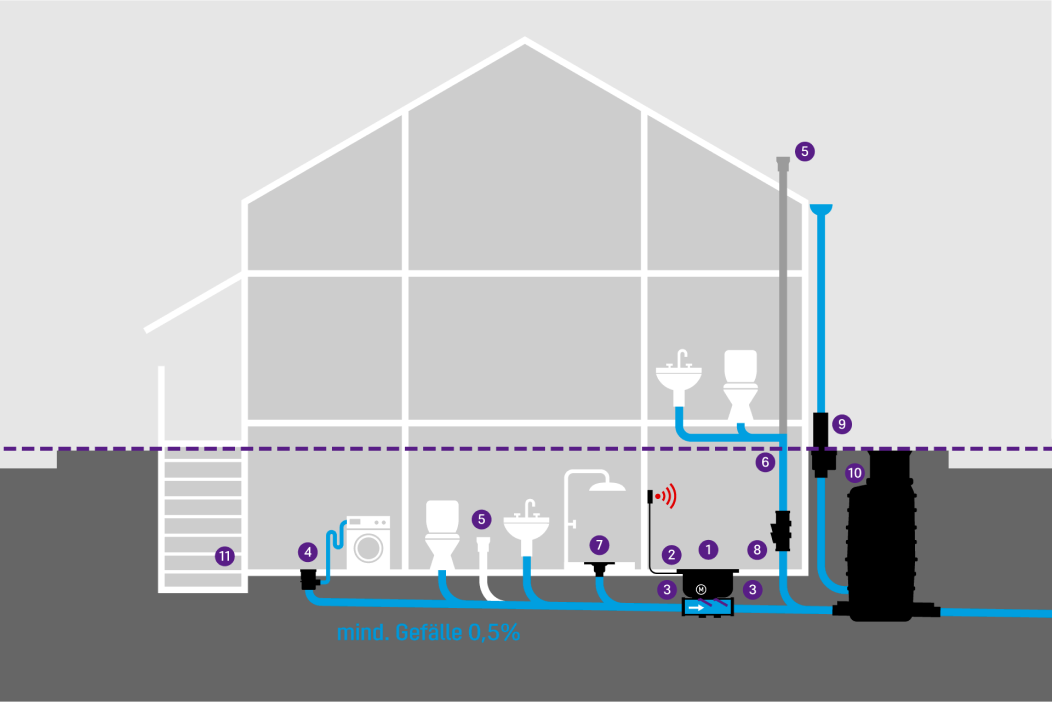 Représentation schématique d'un bâtiment comportant différents éléments d'évacuation des eaux dans la cave, protégés contre le reflux de la canalisation par un clapet antiretour.