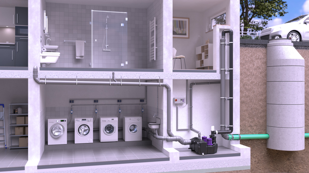 Exemple d'installation d'un poste de relevage <em>Aqualift L</em> dans un immeuble collectif Exemple d'installation d'un poste de relevage <em>Aqualift L</em> dans un immeuble collectif