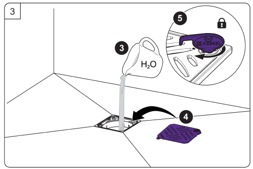 Illustration : remplir le siphon d'eau et boucher l'écoulement avec la grille