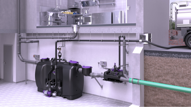 Exemple d'installation <em>de l'Ecolift L</em> en aval d'un séparateur à graisses Exemple d'installation <em>de l'Ecolift L</em> en aval d'un séparateur à graisses