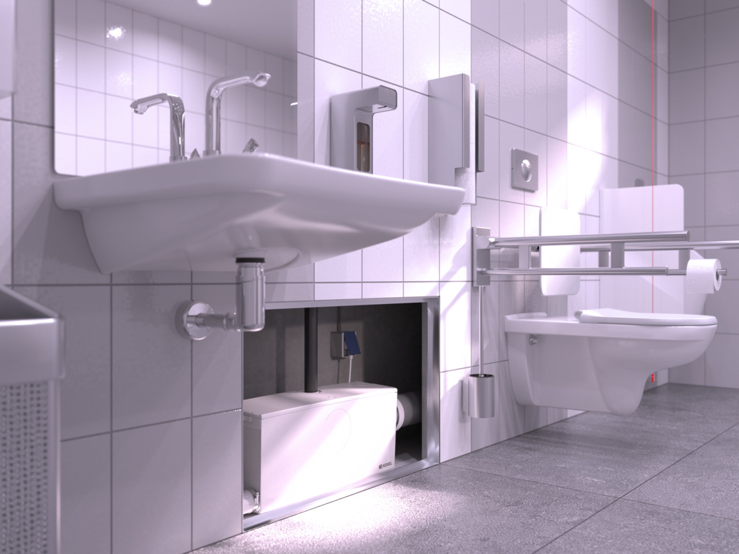 Schéma d'installation du petit poste de relevage Minilift L WC – deuxième vue Gros plan sur un petit poste de relevage encastré dans la cloison, à lequel sont raccordés des toilettes et un lavabo.