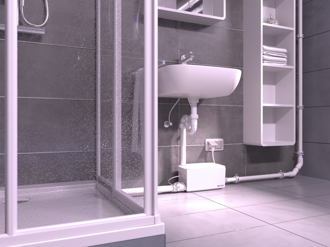 Proposition d'installation du Minilift S – deuxième vue Mini-ascenseur Minilift S installé a posteriori dans une salle de bains au sous-sol.