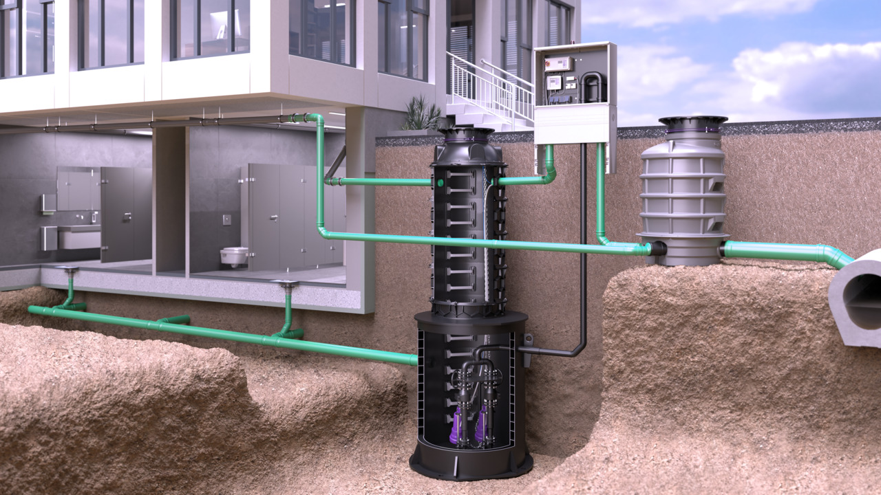 Einbaudarstellung Pumpstation Bürogebäude Darstellung Untergeschoss eines Bürogebäudes mit Entwässerungsanlagen und tief liegendem Zulauf zur Pumpstation im Außenbereich.