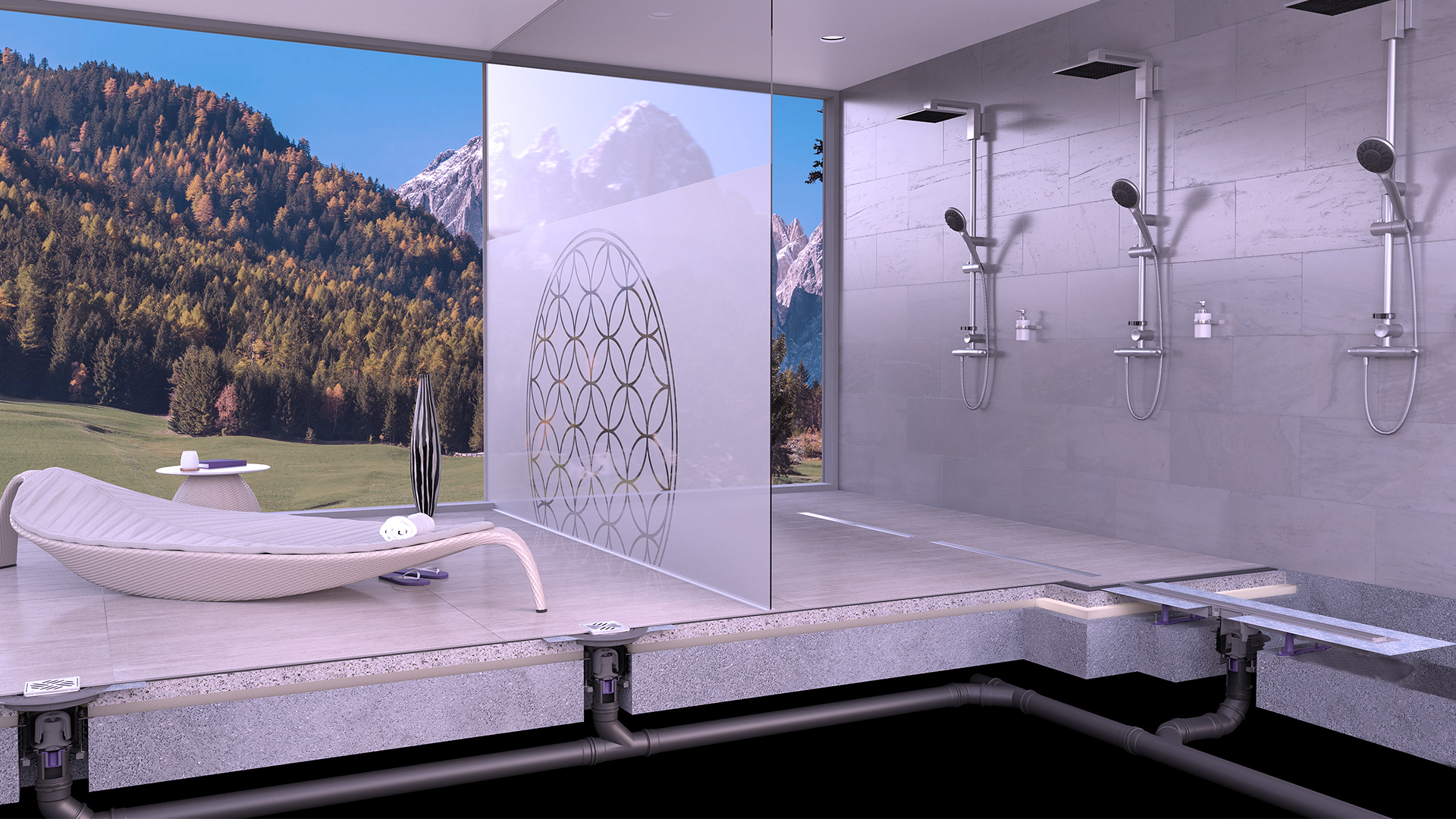 Exemple d'installation : Linearis Comfort dans l'espace bien-être – discrètement intégré dans l'espace douche Exemple d'installation : Linearis Comfort dans l'espace bien-être – discrètement intégré dans l'espace douche