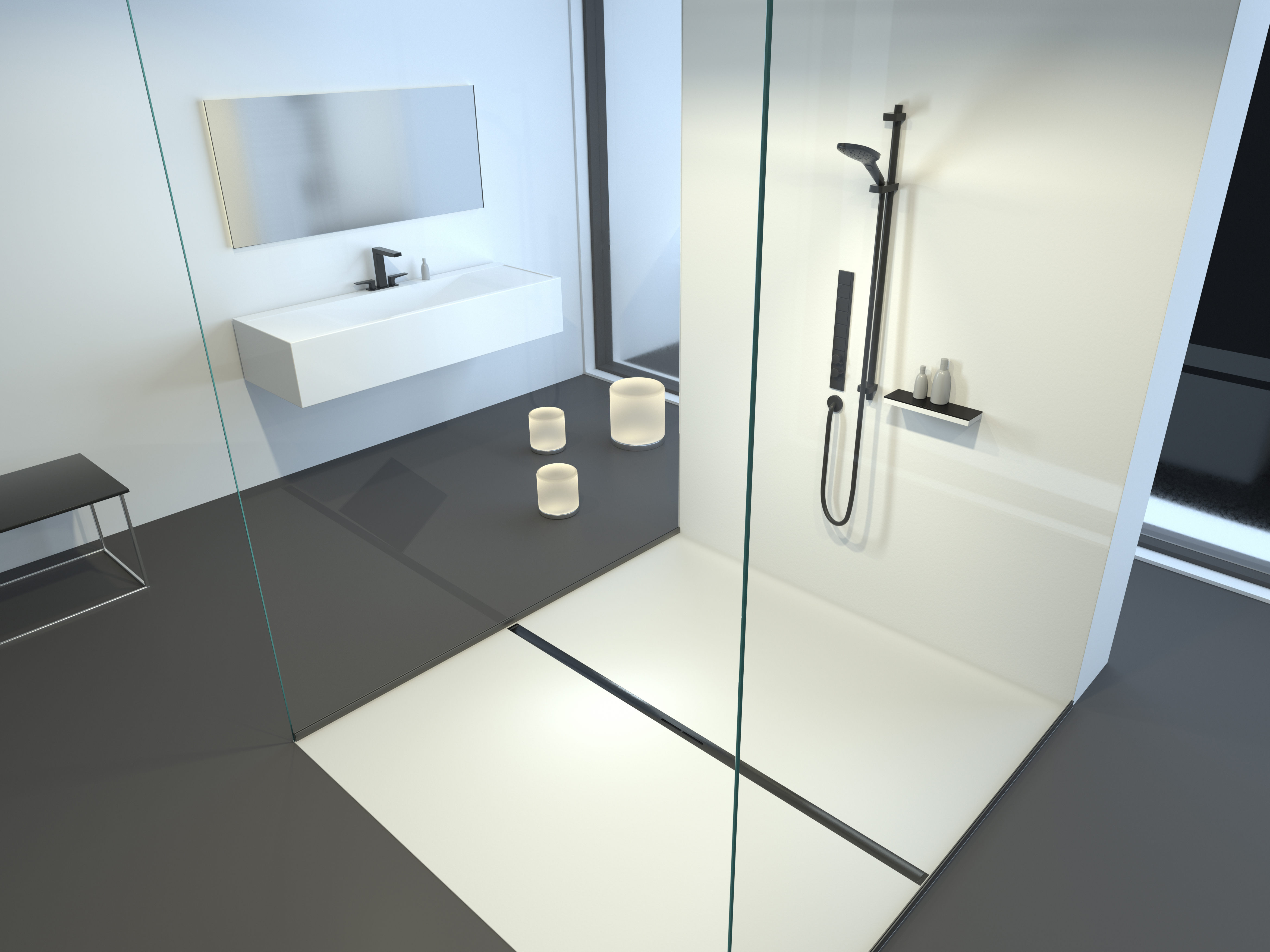 Einbaudarstellung Duschrinne Linearis Infinity, Oberfläche Black gebürstet, im Badezimmer
