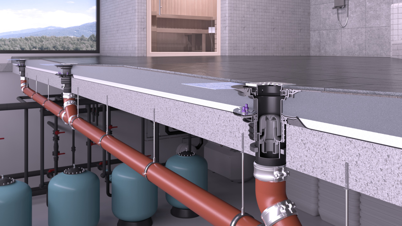 Ecoguss Bodenablauf mit Brandschutz Fire-Kit und der Durchgangsdichtung Quick-Fix.