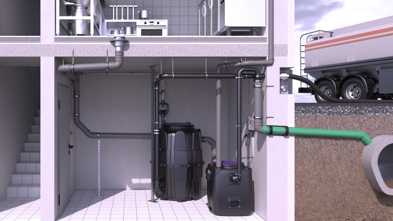 Exemple d'installation d'un séparateur à graisses EasyClean Modular Direct avec poste de relevage Aqualift 200 au sous-sol Exemple d'installation d'un séparateur à graisses EasyClean Modular Direct avec poste de relevage Aqualift 200 au sous-sol
