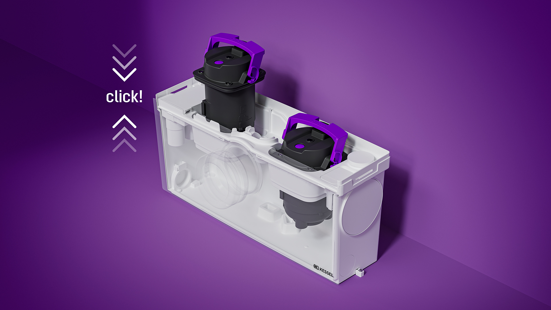 Eine Pumpe wird in eine Hebeanlage gesetzt und ohne Werkzeug, durch Klick, verriegelt.