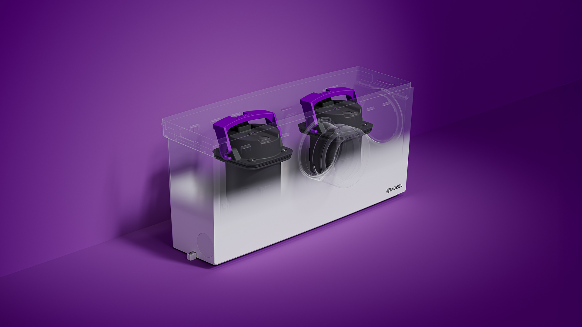 Kleinhebeanlage mit transparentem Behälter und Sicht auf die beiden innenliegenden Pumpen.