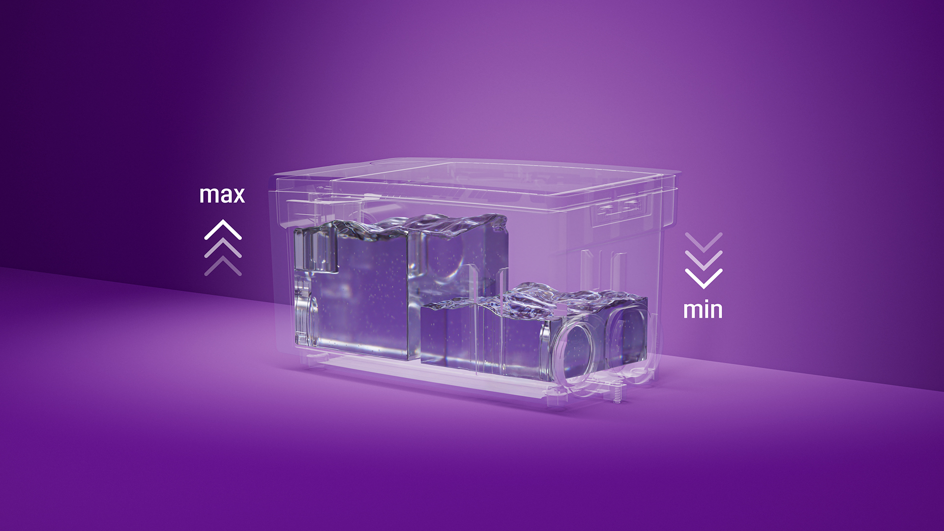 Darstellung eines Minilift-Behälters, bei dem auf der einen Seite die Füllhöhe hoch ist, auf der anderen Seite niedrig.