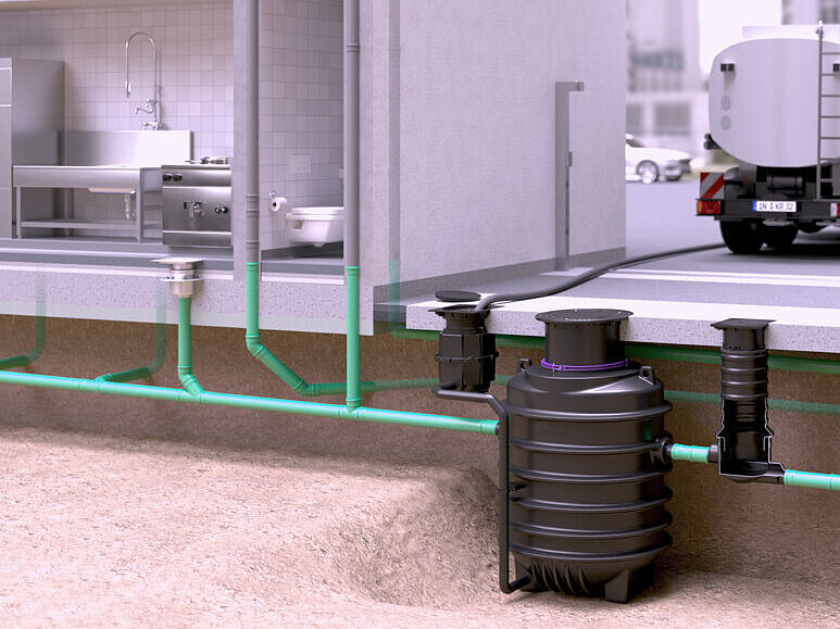 Exemple d'installation du séparateur à graisses EasyClean ground dans le cadre du traitement des eaux usées Exemple d'installation du séparateur à graisses EasyClean ground dans le cadre du traitement des eaux usées