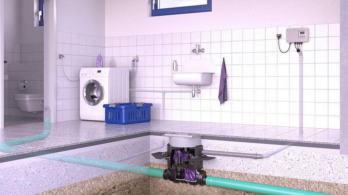Schéma d'installation du clapet antiretour avec pompe Pumpfix M Dispositif anti-refoulement intégré dans la dalle de fondation de la cave.