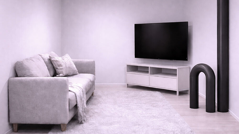 Darstellung Wohnraum Schematische Darstellung eines Wohnzimmers, in dem mehrere Rohre aus dem Boden ragen und die Wohnfläche reduzieren.