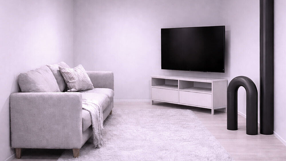 Darstellung Wohnraum Schematische Darstellung eines Wohnzimmers, in dem mehrere Rohre aus dem Boden ragen und die Wohnfläche reduzieren.