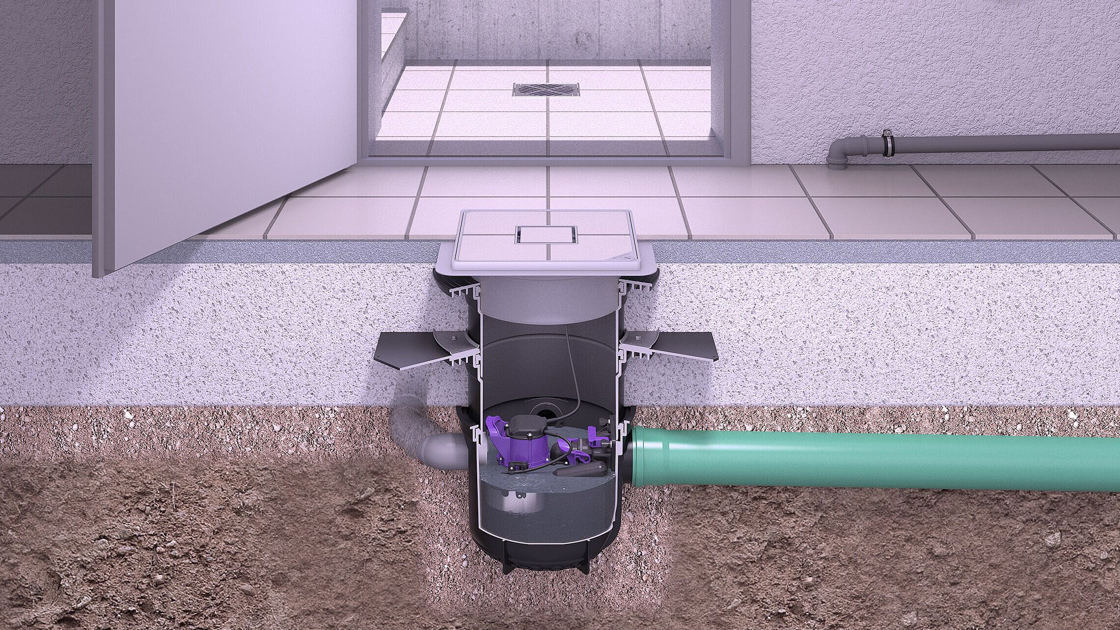Einbaudarstellung Kellerablauf Pumpfix S Underfloor mit Zuläufen von weiteren Ablaufstellen