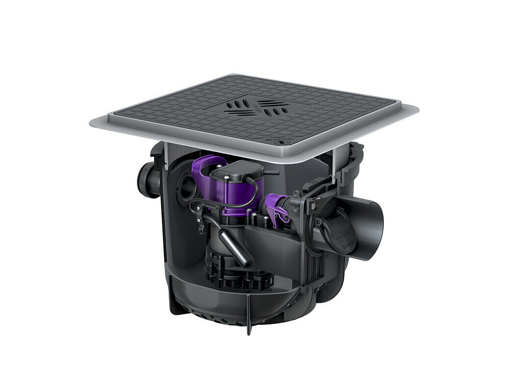 Kellerablauf Pumpfix S Underfloor zum Einbau in die Bodenplatte, mit schwarzer Abdeckung