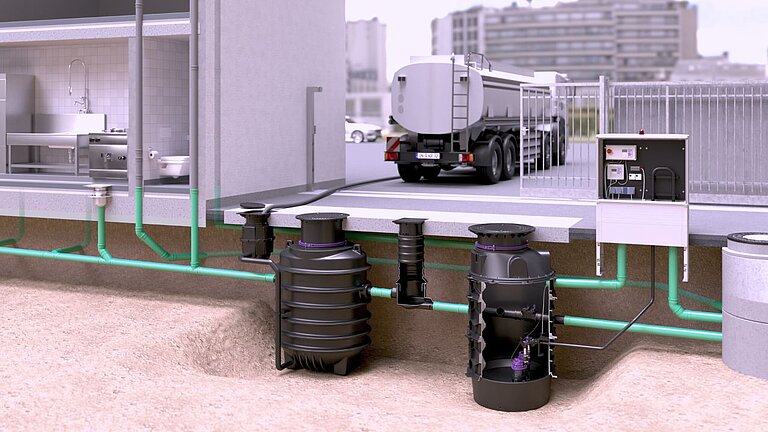 Proposition d'installation d'un séparateur à graisses EasyClean ground Oval Direct suivi d'une station de pompage Aquapump XL Duo dans le module rehausse Proposition d'installation d'un séparateur à graisses EasyClean ground Oval Direct suivi d'une station de pompage Aquapump XL Duo dans le module rehausse
