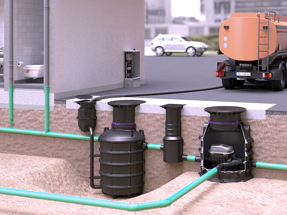 Einbaudarstellung Fettabscheider EasyClean ground Direct mit Pumpfix F im Technikschacht