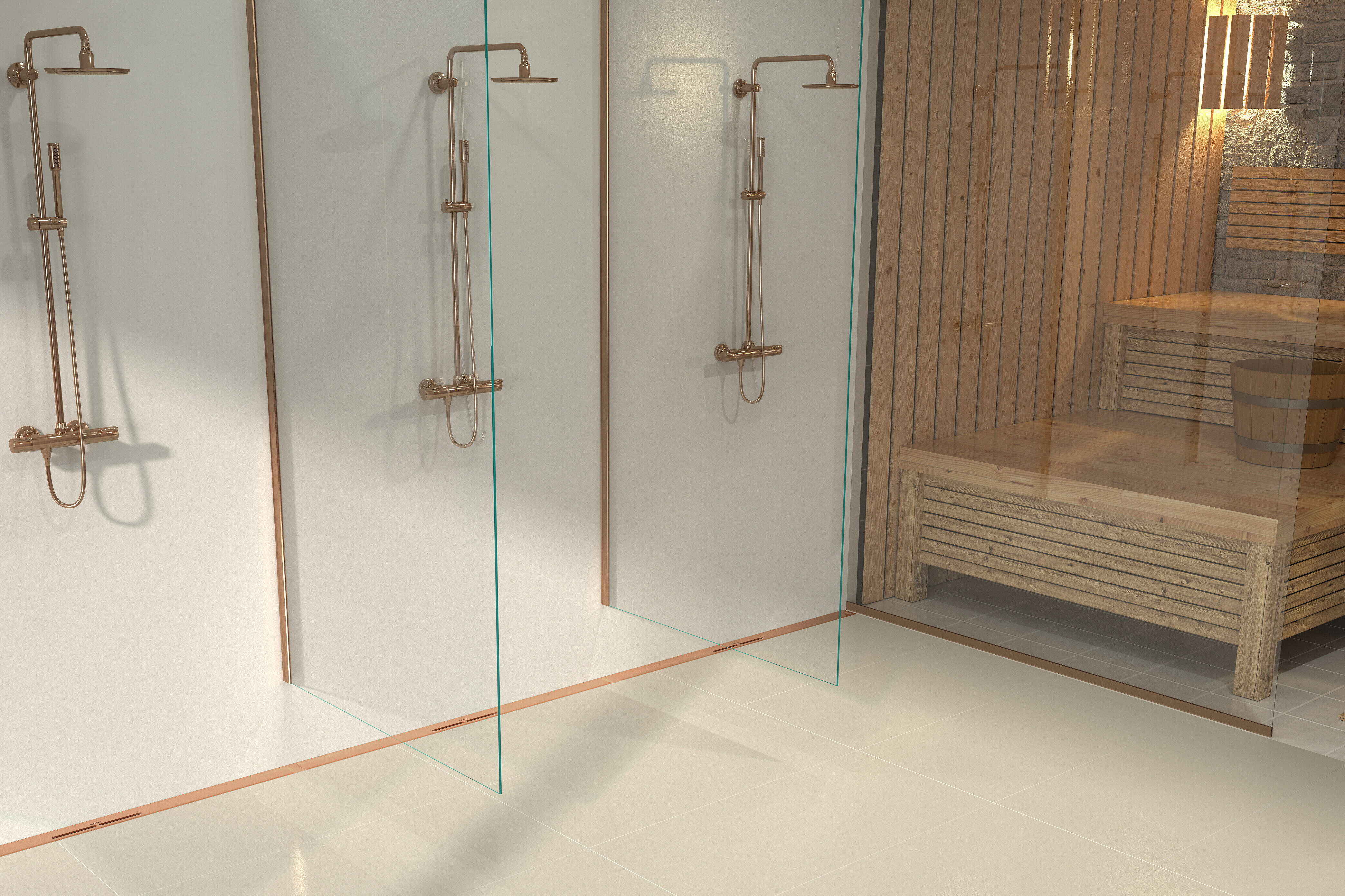 Idée d'aménagement : caniveau de douche Linearis Infinity dans un espace bien-être avec sauna