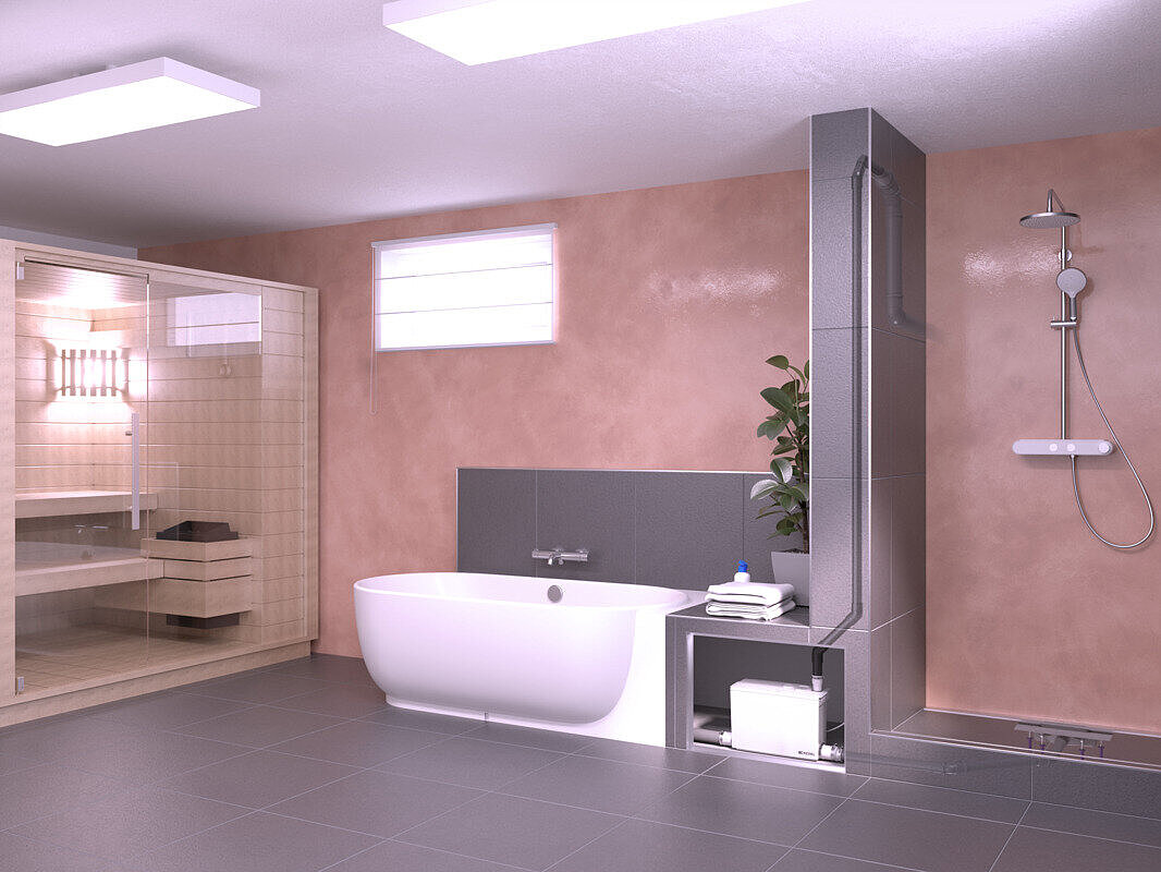 Schéma d'installation du petit poste de relevage Minilift M, deuxième vue. La cave avec sauna, baignoire et douche vue sous un autre angle.