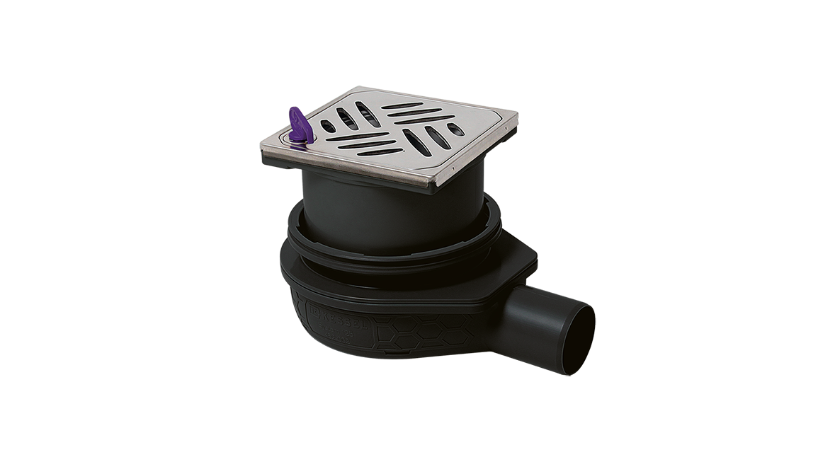 Siphon de salle d’eau « L’ultraplat 79 », DN 50 avec grille design Kessel, système de verrouillage Lock & Lift et Megastop Siphon de salle d’eau « L’ultraplat 79 », DN 50 avec grille design Kessel, système de verrouillage Lock & Lift et Megastop