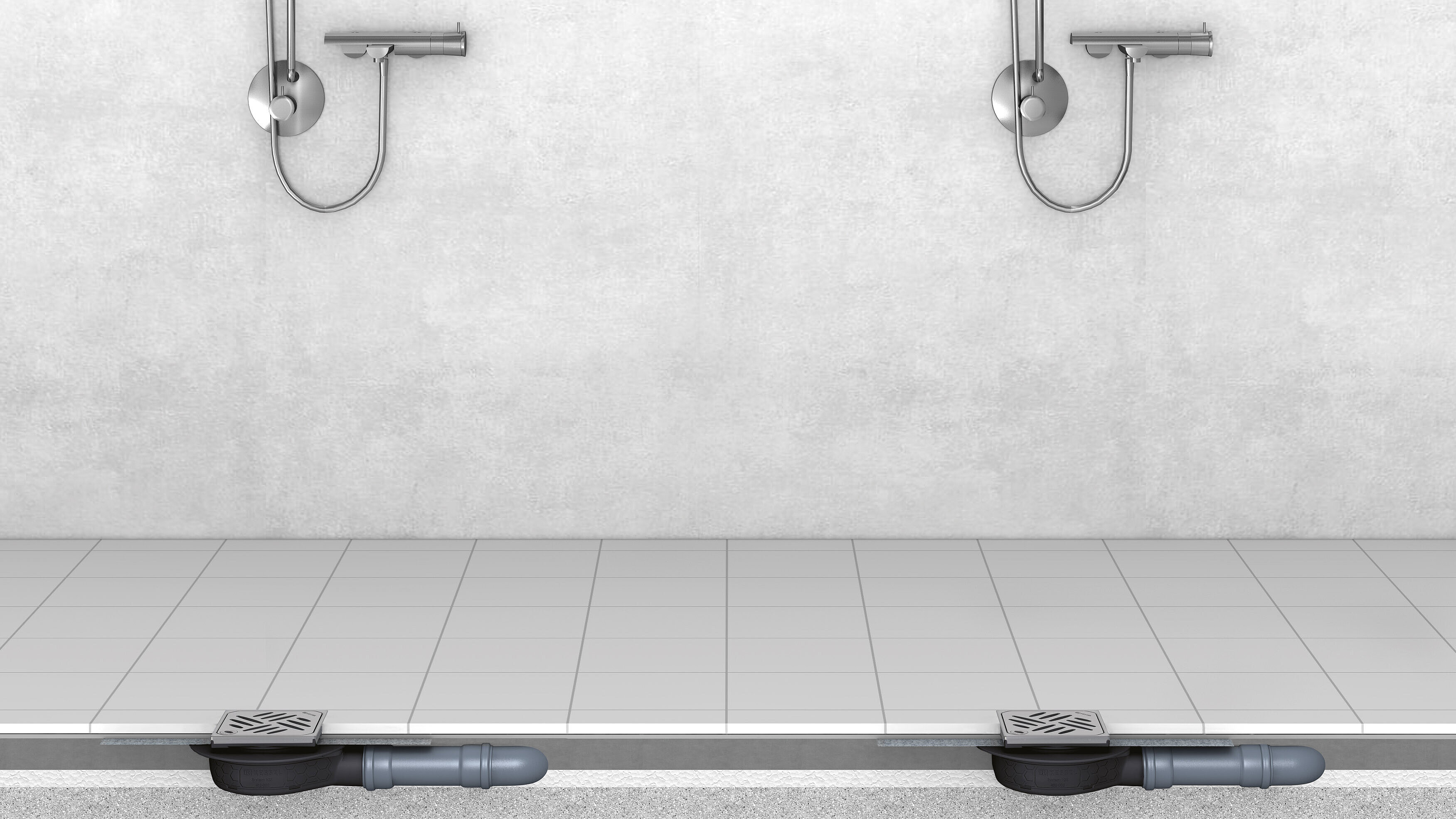 Exemple d'installation d'un siphon de salle d'eau « L'ultraplat » dans un espace de douche public Exemple d'installation d'un siphon de salle d'eau « L'ultraplat » dans un espace de douche public