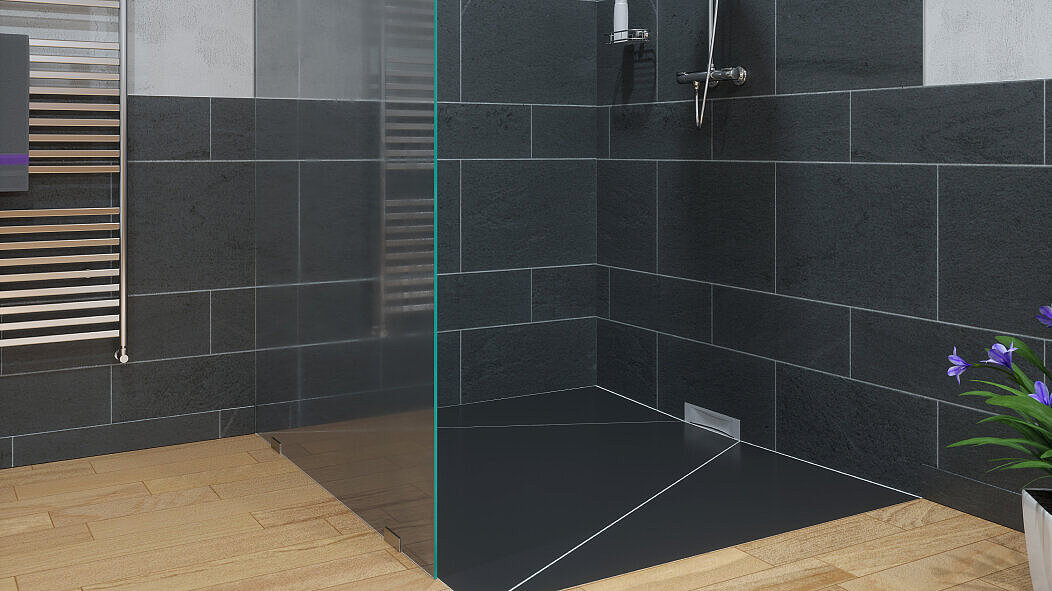 Einbaudarstellung Wandablauf Scada in einer Dusche