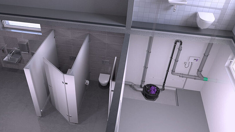 Exemple d'installation d'une station de relevage dans des toilettes publiques Exemple d'installation d'une station de relevage dans des toilettes publiques
