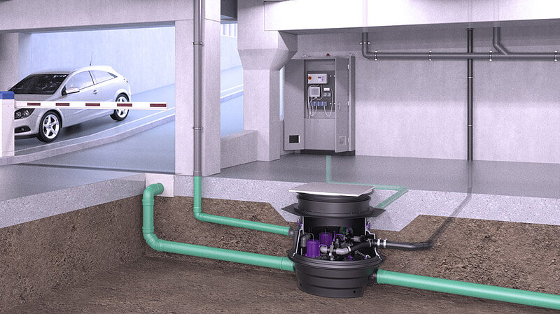 Illustration de l'installation du module pompe Ecolift XL dans un parking souterrain Illustration de l'installation du module pompe Ecolift XL dans un parking souterrain