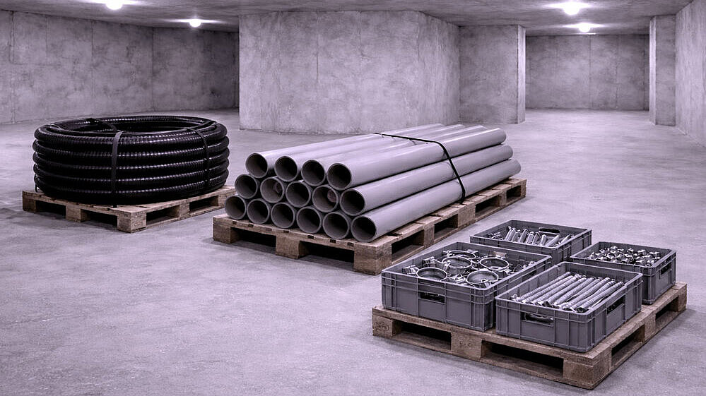 Darstellung ressourcenschonend Schematische Darstellung eines Kellerraumes mit verschiedenen Montagematerialien.