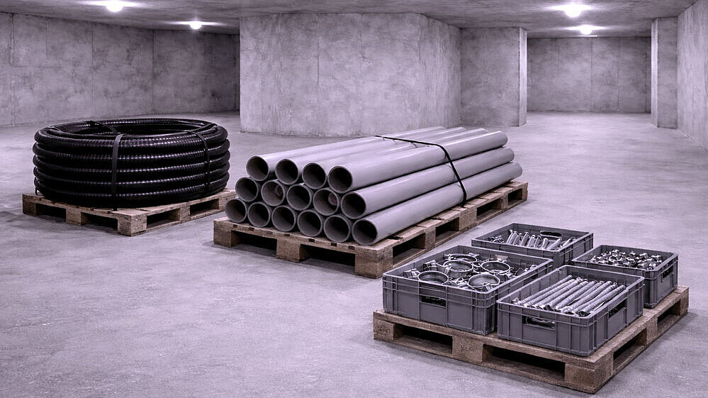 Darstellung ressourcenschonend Schematische Darstellung eines Kellerraumes mit verschiedenen Montagematerialien.