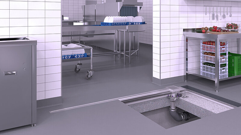 Proposition d'installation d'un caniveau à fente en acier inoxydable près de la porte d'une cuisine industrielle