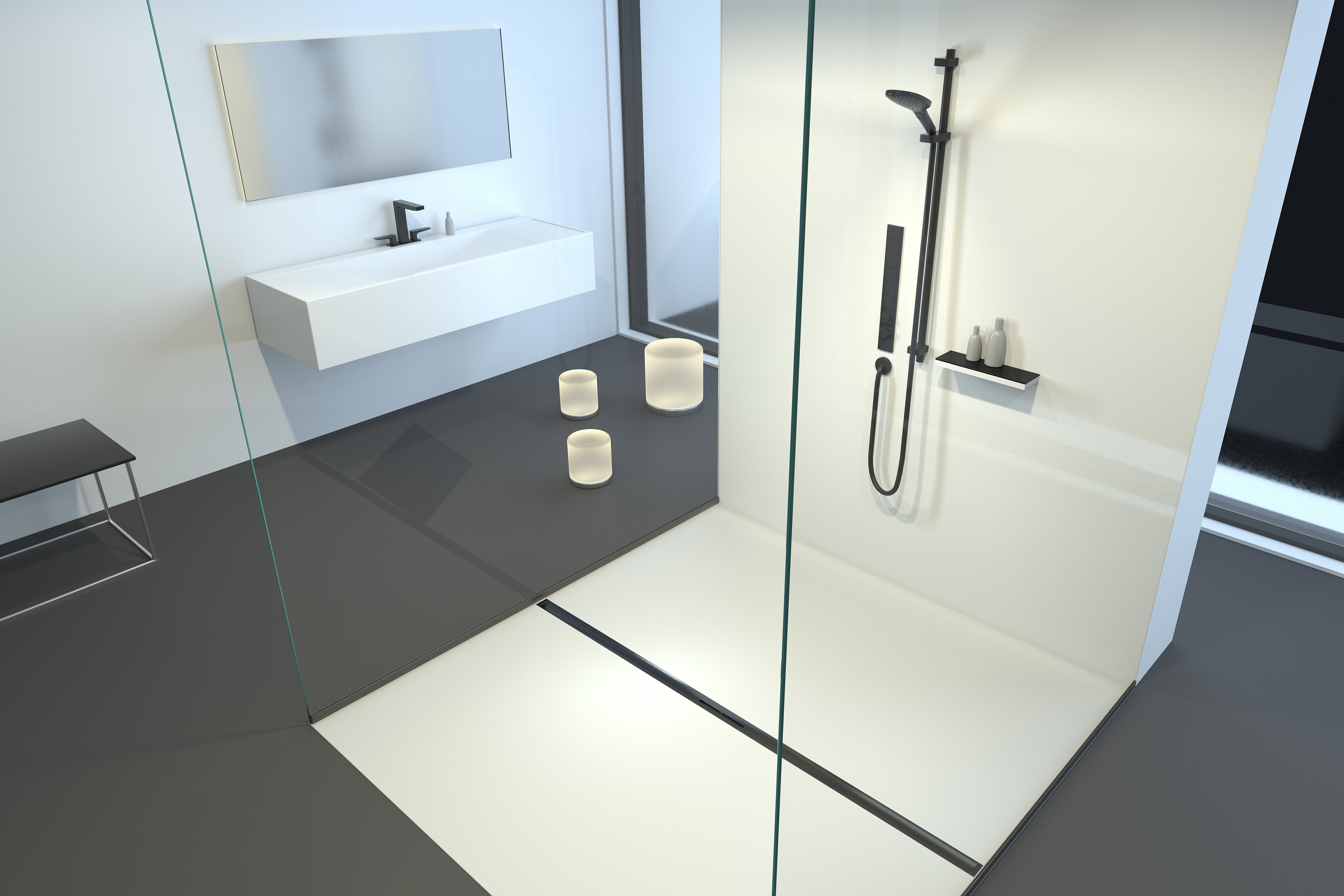 Exemple d'installation : caniveau de douche <em>Linearis Infinity</em>, finition noir brossé, dans une salle de bains privée moderne équipée d'une douche indépendante